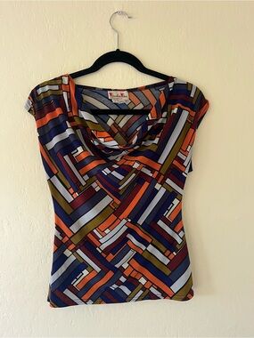 Geometric Cowl Neck Cap-Sleeve Top - Multi Color